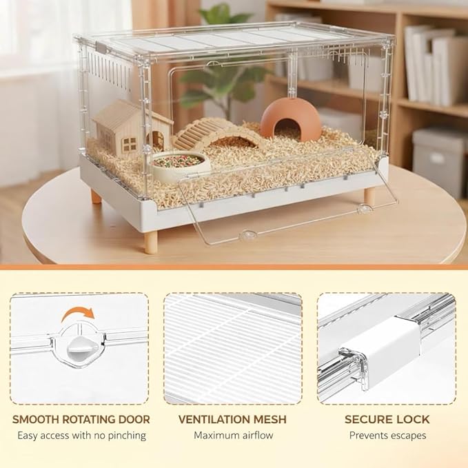 Extra Tall Foldable Clear Hamster Cage with Front Door, Deep Base Habitat for Thick Bedding & Burrowing, Easy Clean Wire Mesh Top Ventilation, Escape Proof Enclosure, 27.5x17x16 in