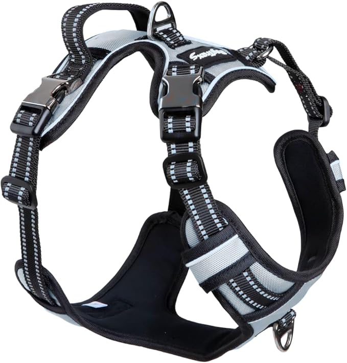 DogTraxs Dog Harness for Large Dogs - No Pull Front Clip, Adjustable Step in Reflective Vest with Metal Buckles - Silver Gray