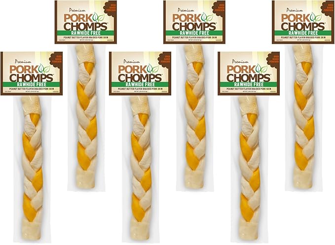 Pork Chomps Roasted Pork Skin Dog Chew, 8-inch Braid, Peaunut Butter Flavor, 1 Count (Pack of 6)