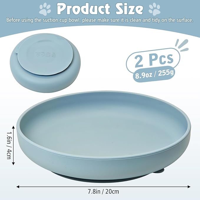 BNOSDM Silicone Dog Bowl Non-Slip Cat Food Plate 2 Pcs Flat Dog Bowls with Suction Cup Shallow Puppy Food and Water Dish for Small and Medium Pets (Gray-Blue)