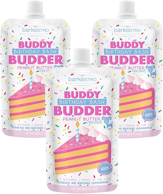BUDDY BUDDER 3 Pack Birthday Bash Squeeze Packs, 100% Natural Dog Peanut Butter, Healthy Peanut Butter Dog Treats, Made in USA, (4oz Packs)