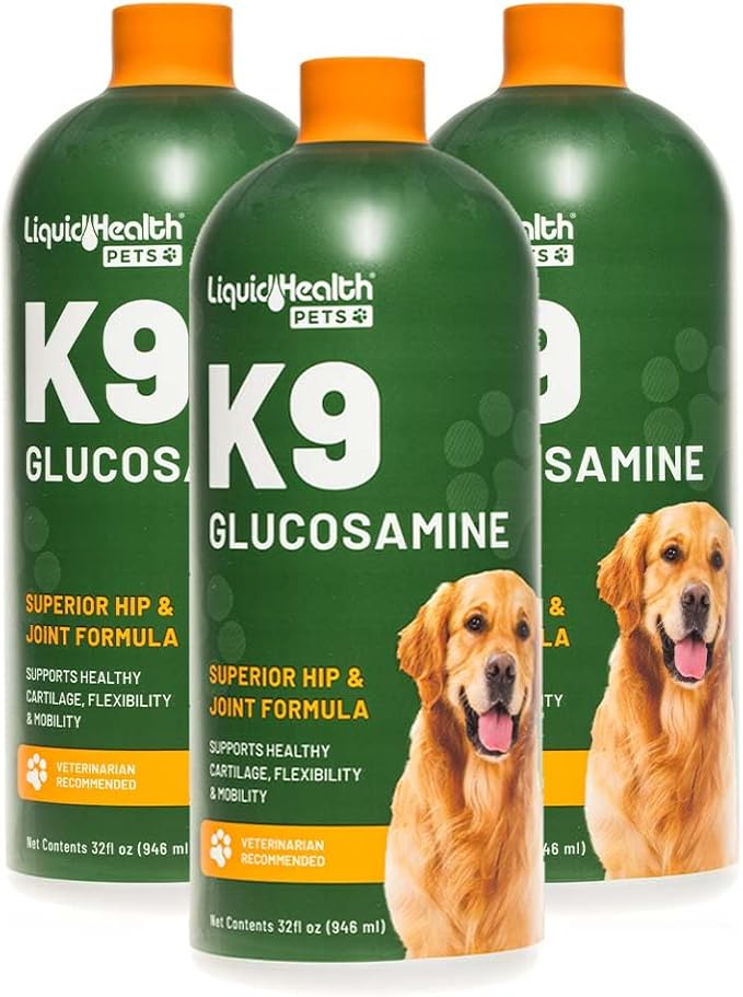 LIQUIDHEALTH Pets K9 Liquid Glucosamine for Dogs, Puppies, Senior Canines with Chondroitin, MSM, Hyaluronic Acid - Dog Vitamins for Hip Joint Health, Dog Joint Oil, Joint Juice - Made in USA (3 Pack)