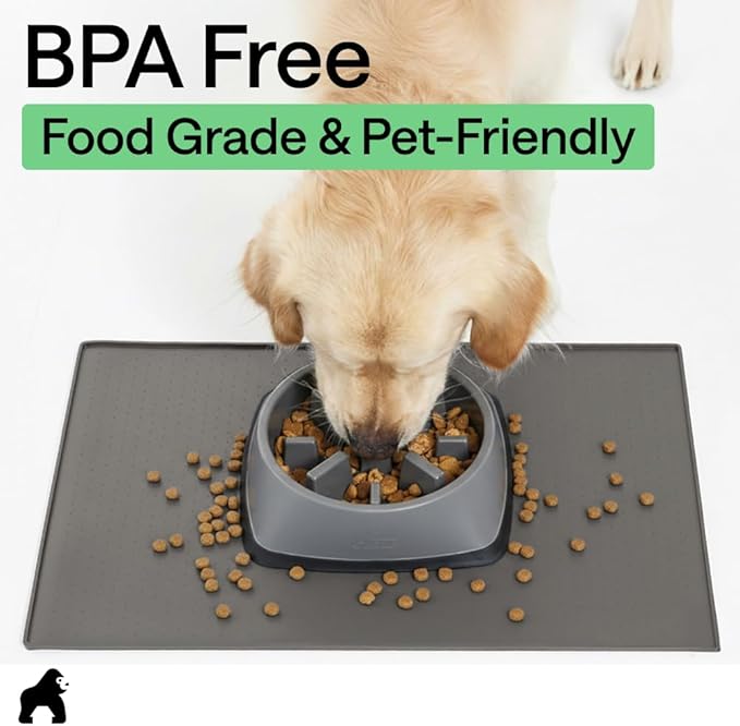GORILLA GRIP 100% Waterproof Raised Edge BPA Free Silicone Pet Feeding Mat, Dog Cat Food Mats Contain Spills Protects Floors, Placemats for Cats and Dogs Water Bowl, Pets Accessories 18.5x11.5 Gray