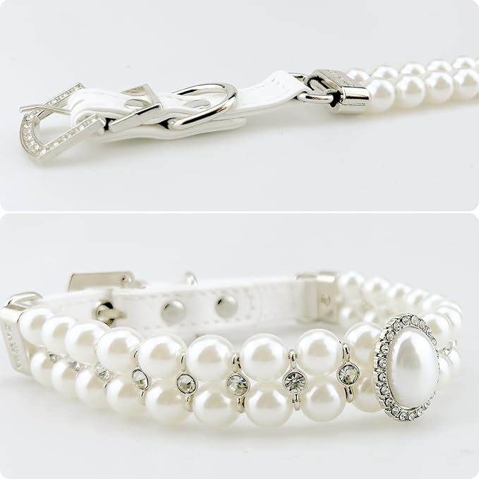 KUDES Small Dog Cat Big Pearl Collars with Crystal Rhinestone Diamond Décor, Adjustable Cute Fashion Pet PU Leather Necklace for Wedding Birthday Party (White, L(12"-14.5") for Small Dogs)