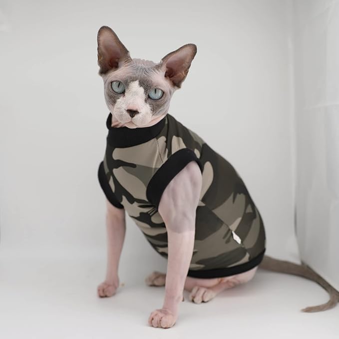 Sphynx Hairless Cat Summer Cotton T-Shirts Cat Vest Pet Clothes,Round Collar Vest Kitten Shirts Sleeveless, Cats & Small Dogs Apparel (XX-Large, Black Camo)