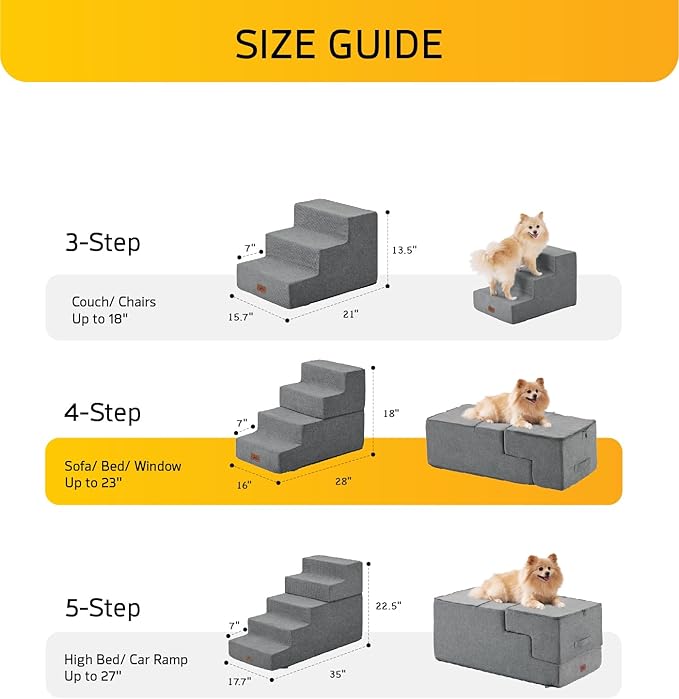 Dog Stairs for Small Dog Steps for Bed Ramps Stairs Extra Wide Steps for Bed Foam Stairs for Couch Sofa 35D Strong Support Pet Stairs Non-Slip Bottom Pet Steps to Get on Bed, Grey, 3 Steps