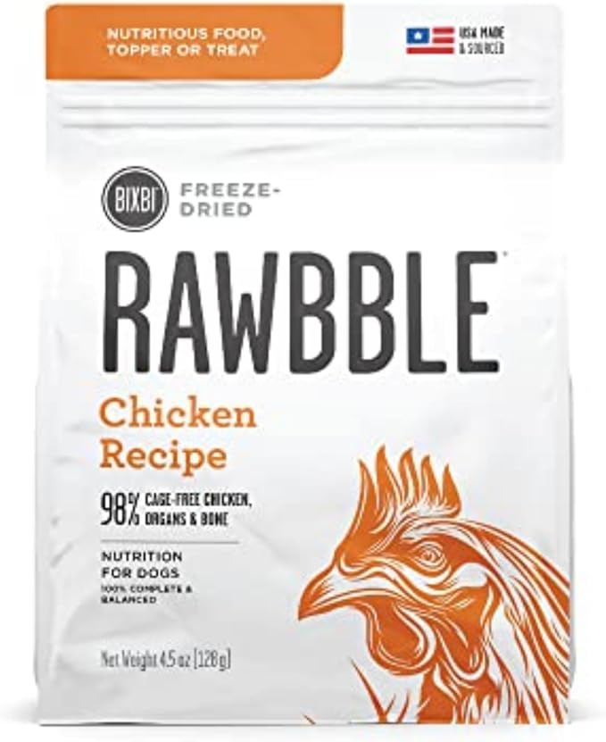 BIXBI Liberty Freeze-Dried Dog Food Topper & Treats, Chicken – 98% Meat & Organs, No Refrigeration – USA Made, 4.5 oz