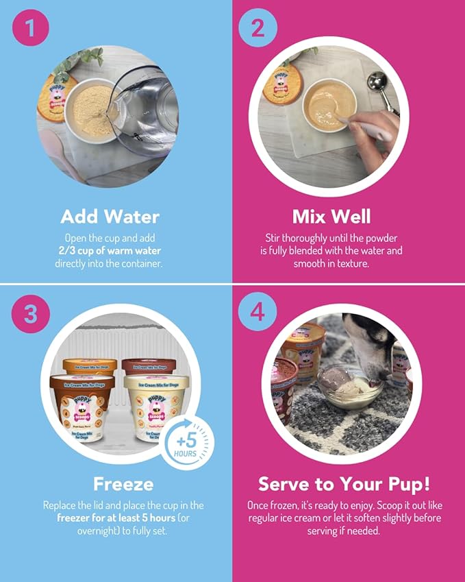 Puppy Scoops Dog Ice Cream Mix Variety Pack, 4 Flavors, 4.65 oz Each – Just Add Water and Freeze at Home, Powder Mix with Ice Cream Cup and Reusable Lid. Made in USA