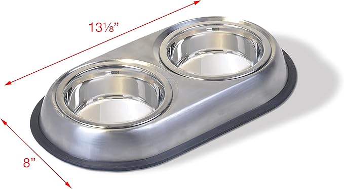 Van Ness Pets Stainless Steel Double Dish Food And Water Bowl For Cats/Small Dogs, 16 OZ, Wide No-Tip Base