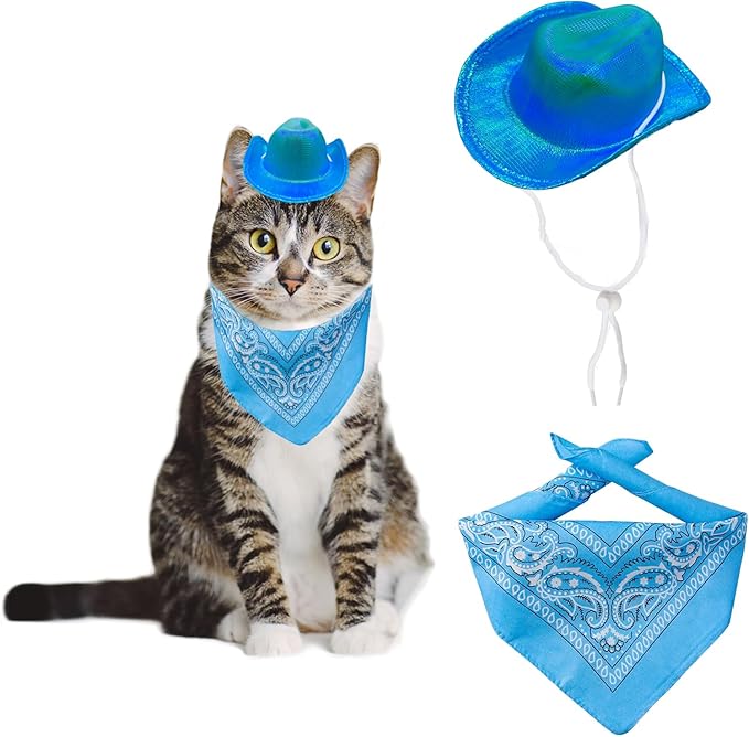 Dog and Cat Cowboy Hat With Bandana Scarf - Mini Pet Costume for Holiday, Halloween, Party Decoration (Blue-style2, Small)