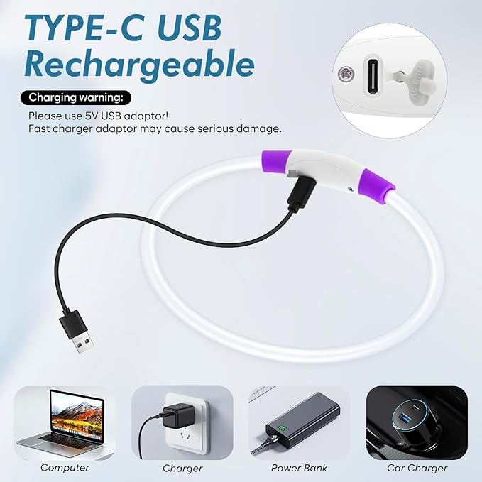 BSEEN Light Up Dog Collar, Rechargeable LED Dog Collar Light Glowing Puppy Collar for Night Walking, TPU Cuttable Lighted Pet Collar for Small Medium Large Dogs (Purple (70cm))