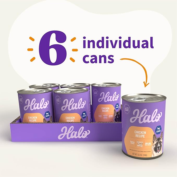 Halo Senior Wet Dog Food Whole Chicken Recipe, Grain Free Real Meat Canned Dog Food for Senior Dogs, Meal or Topper, 13.2 Oz Can (Pack of 6)