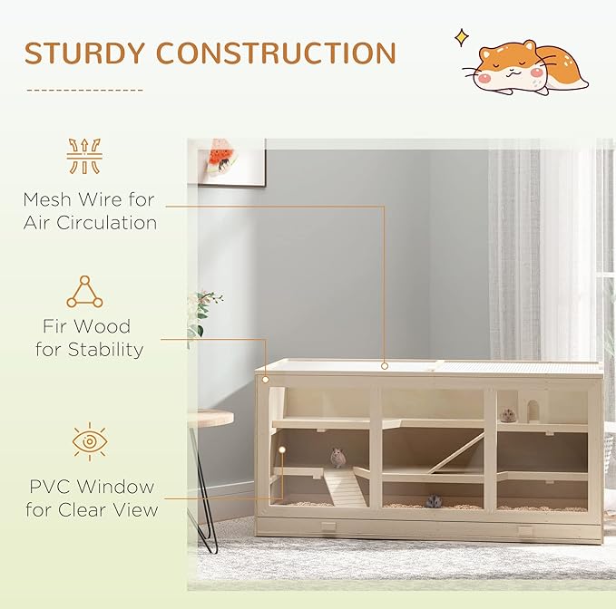 Extra Large Hamster Cage, Wooden Chinchilla Cage, 3-Layer Hamster Hideout with Open Roof Gerbil Cage for Ferret, Mice Rat Reptiles (Natural)