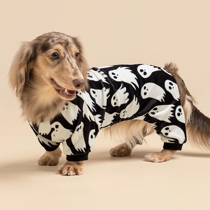 Fitwarm Halloween Ghost Dog Pajamas, Funny Halloween Costumes for Dogs, Fleece Dog Onesie with Feet, Doggy Clothes for Small Dogs Boy Girl, Pet Apparel, Black, White, Medium