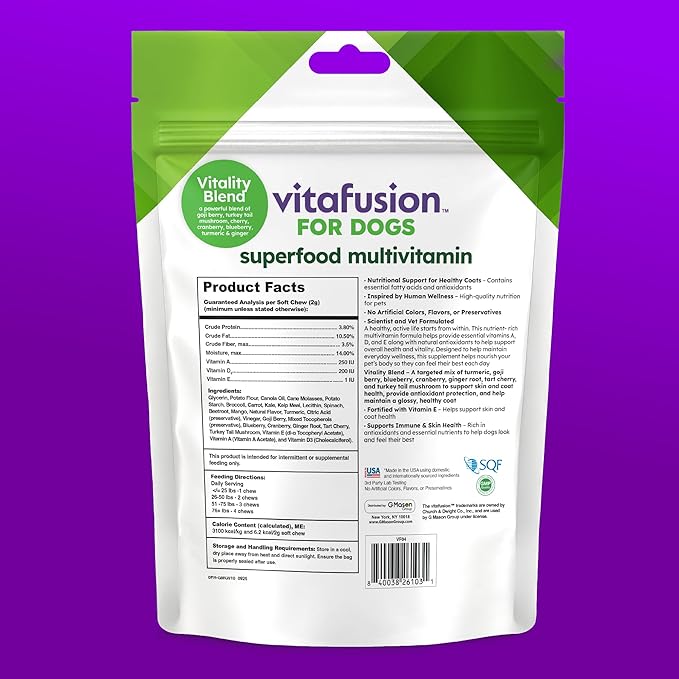 VitaFusion for Dogs Superfood Multivitamin – Daily Immune, Skin & Bone Support with Vitamins A, D & E + Antioxidant Superfoods – Vet Formulated Wellness for Puppies to Senior Dogs, 120 Chews.