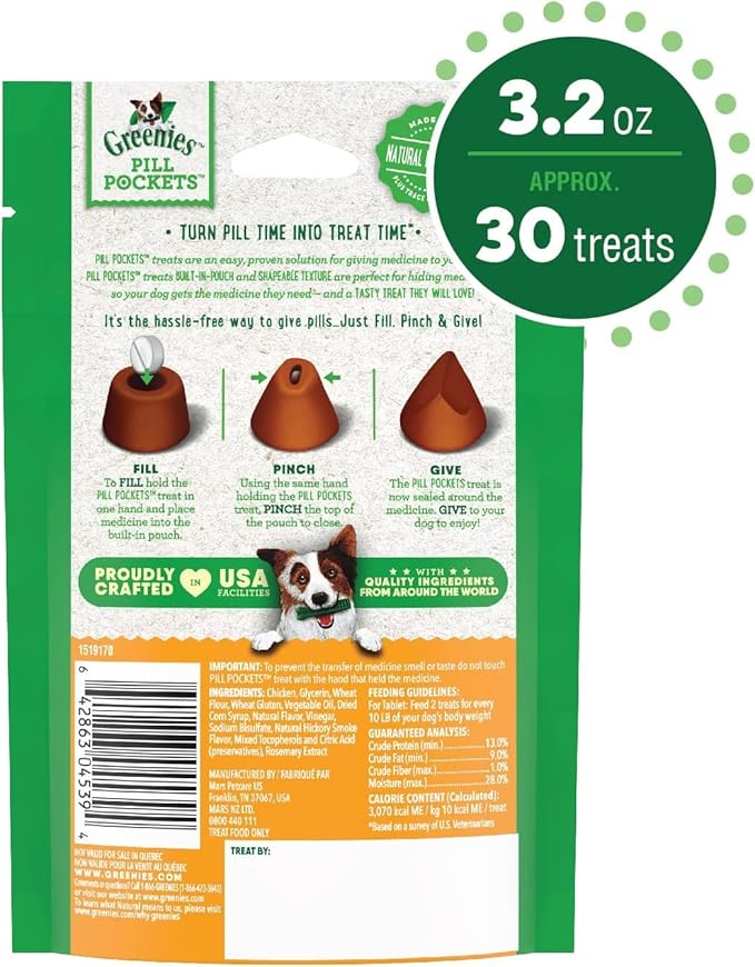 GREENIES Pill Pockets Treats for Dogs Chicken - Tablet Size 30 Count (Pack of 6)