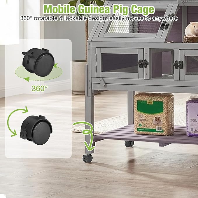 Guinea Pig Cags Indoor, Large Rabbit Hutch with Wheels, Wooden Hamster Cage with Chew-Proof Ram, Zinc Cool Plate and Plastic Floor, Small Animals Cage Habitat with Pull Out Tray (Light Grey)