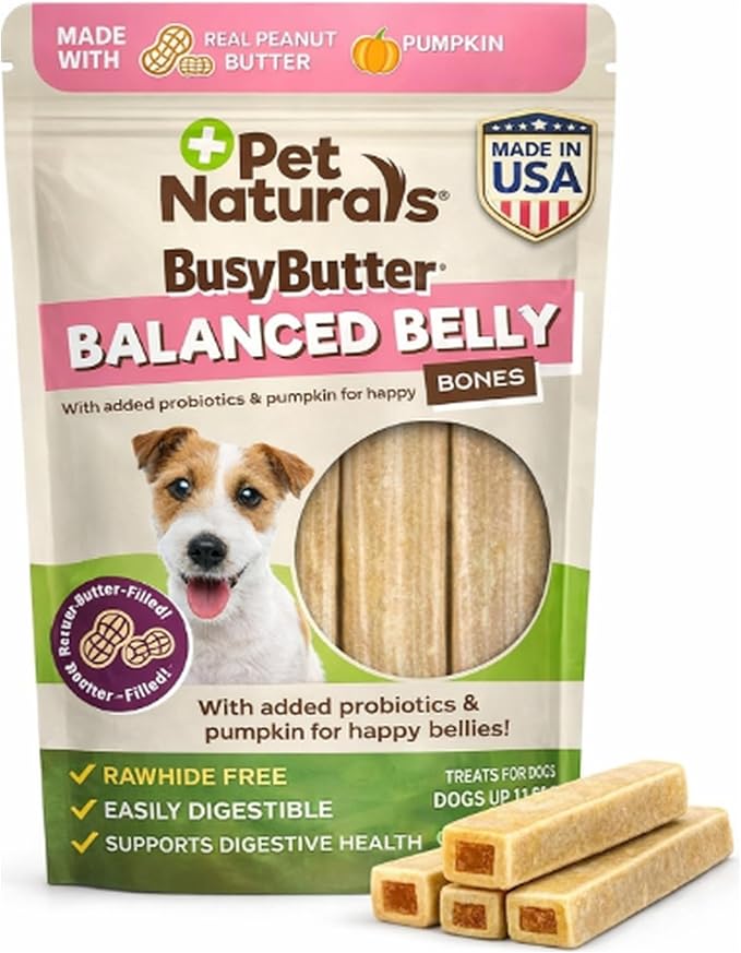 Pet Naturals BusyButter Balanced Belly Bones for Small Dogs – 22 Count, Rawhide-Free Long Lasting Chews with Probiotics, Prebiotics & Pumpkin for Dog Digestive & Gut Health Support, Peanut Butter