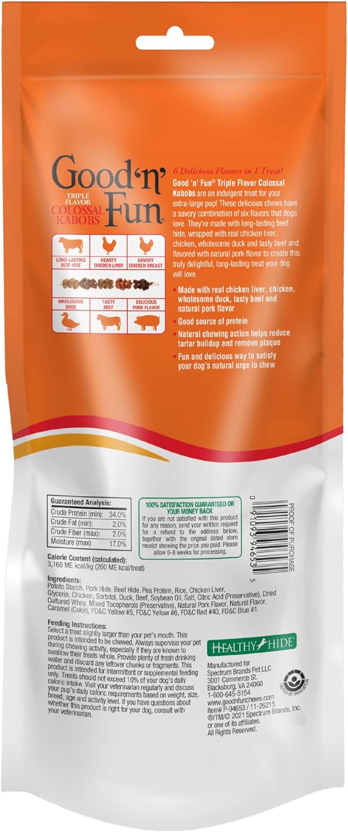 GOOD 'N' FUN Triple Flavor Colossal Kabobs Chews for Dogs, 3 Count, Treat Your Extra-Large Dog to Chews Made with Beef Hide, Chicken Liver, Chicken, Duck, Beef and Pork Flavor