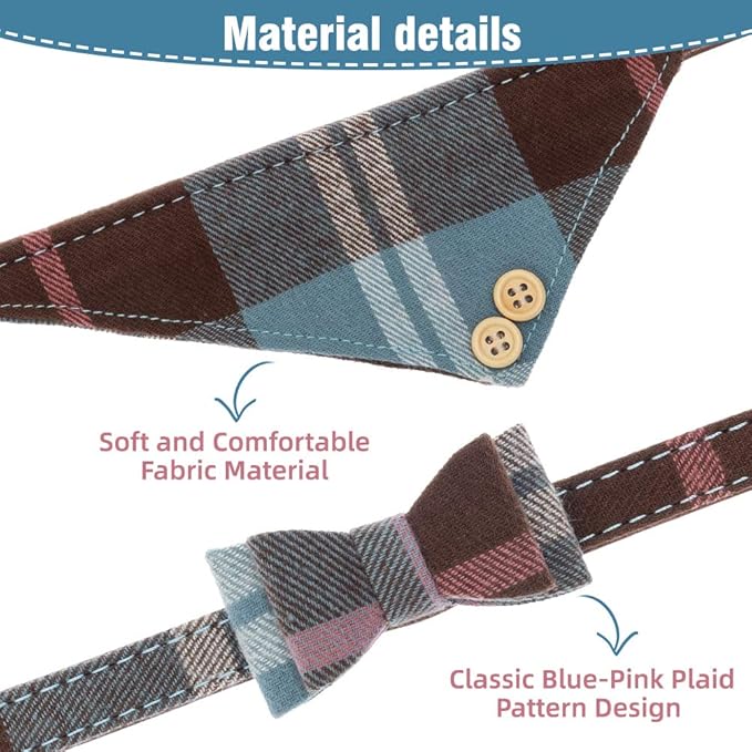 EXPAWLORER Dog Collar and Leash Set - Classic Plaid Bow Tie & Dog Bandana Collar with Bell, Dog Leash Tangle Free, Adjustable Collars for Puppy Small Dogs and Cats, Holiday Ideal Gift, Blue XS