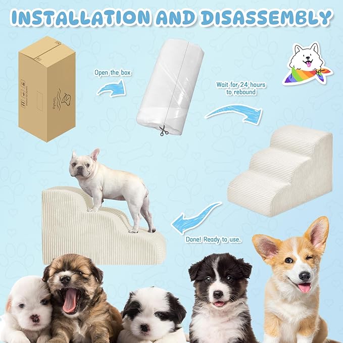 Mesa Lemon Dog Steps for Small Dogs, 3-Step Pet Ramp Stairs for High Beds and Sofa, Non-Slip Pet Stairs for Small Dogs and Cats, Removable and Easy to Clean Cover, Beige