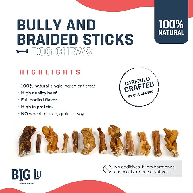 Big Lu - 2-4” Bully and Braided Bites, Variety Bag - 1 lb of 100% Grass-Fed Beef Chews for Small and Medium Dogs, Natural, Fully Digestible, Long-Lasting Treats