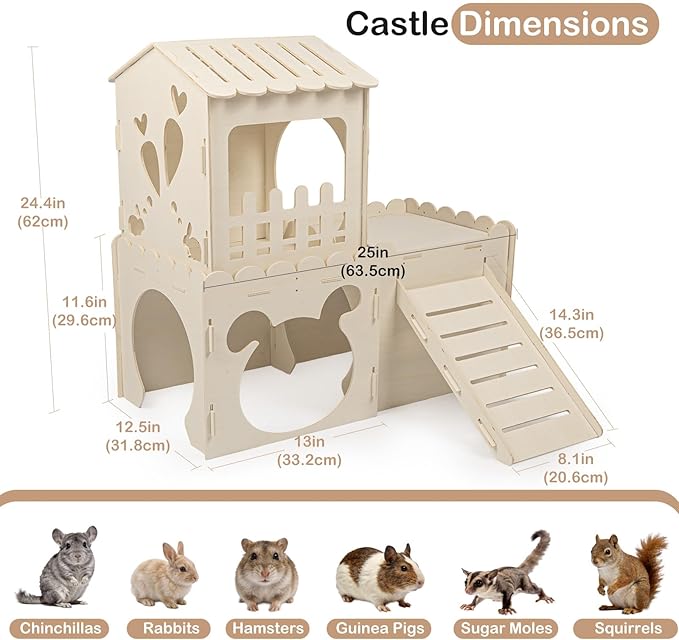 Extra Large Rabbit Castle, Wooden Bunny House &,Detachable Rabbit Hideaway, Indoor Hamster Castle with Ramp, Small Animal Houses & Habitats for Guinea Pig Chinchilla Ferret(3 House)