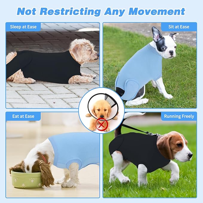 2 Packs Breathable Cotton Dog Recovery Suit for After Neuter Spay Abdominal Wounds Protector, Professional Anti-Licking Onesies for Male Female Pets Surgery Bandages, S Black Blue Pure