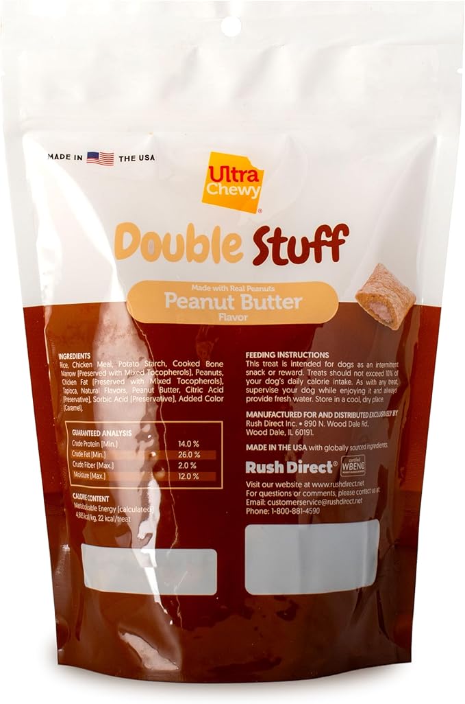 Ultra Chewy Double Stuff Peanut Butter - Crunchy Dog Treats with Creamy Filling - Made in USA - Irresistible Flavor - Ideal for Medium/Large Dogs - 2 Packs