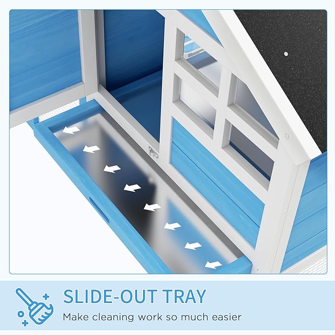 PawHut 49" Wooden Rabbit Hutch Bunny Cage with Waterproof Asphalt Roof, Fun Outdoor Run, Removable Tray and Ramp, for Rabbits, Chickens, Ducks, Light Blue