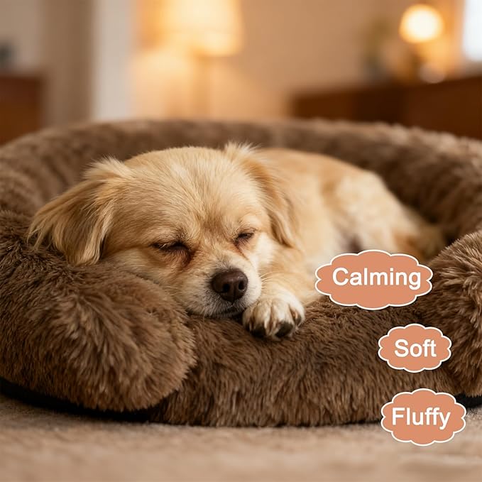 Calming Dog & Cat Beds for Small Medium Dogs Cats, Anti-Anxiety Pet Bed Orthopedic Donut Cushion, Soft Fluffy Faux Fur Warming Cozy Washable, Fits up to 15 lbs Pets (Round, Coffee 20")