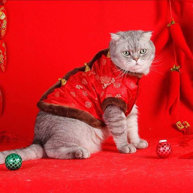 SEIS New Year Cat Knot Buttons Coat Dogs Cheongsam Winter Pet Clothes Vest Christmas Costume for Cats Teddy Bichon Small Medium Dogs (Brown, M (Chest Circumference 55cm/ 21.6"))