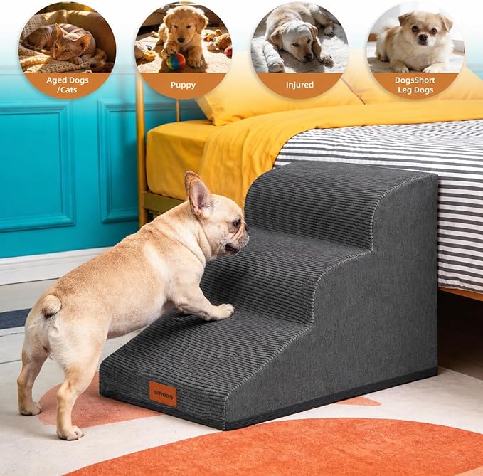 Dog Stairs for Small Dogs and Cats, 15.7" H, 3-Step Curved Pet Ramp for Couch Sofa and Chair, Non-Slip Medium Pet Steps with High Density Foam, Grey