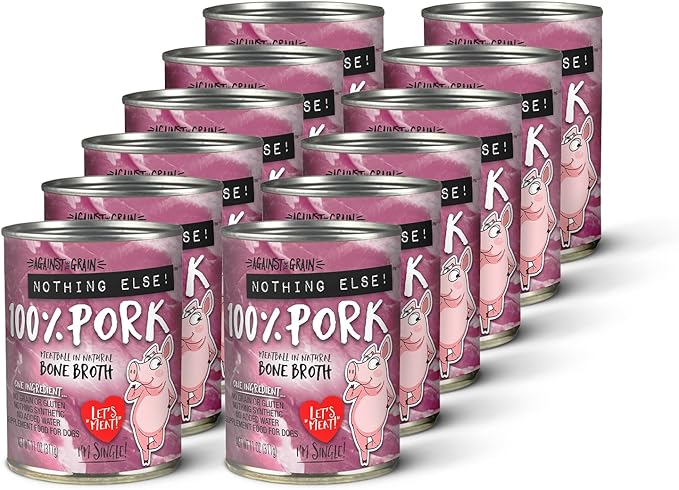 Against The Grain Nothing Else! 100% Pork Dog Food – 12 Count, 11 oz Each – Single-Ingredient Pork Loaf in Natural Bone Broth – Limited Ingredient, Grain-Free Recipe for Sensitive & Allergy-Prone Dogs