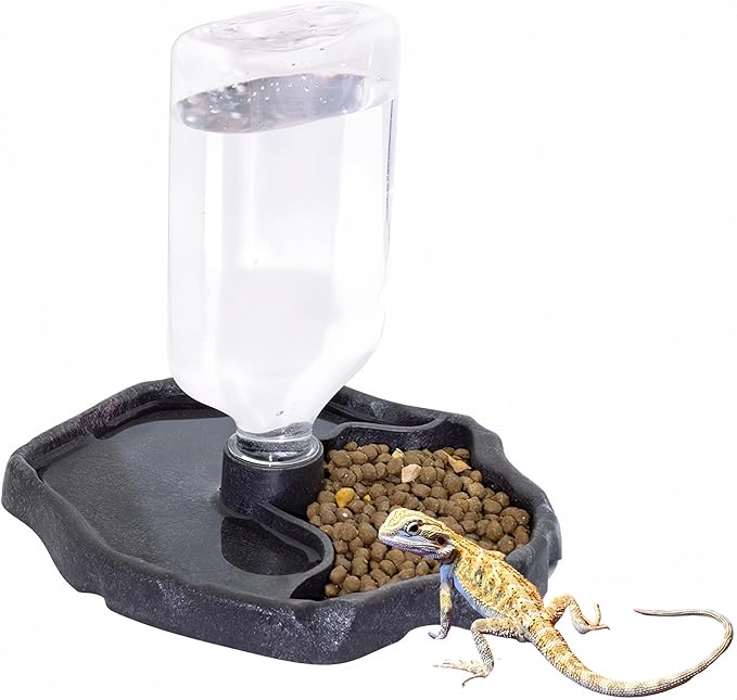 17oz 2 in 1 Terrarium Tank Reptile Food Feeders Bowl, Water Feeder Automatic Water Dispenser Waterer Feeding Accessories, for Geckos Lizards Turtle Bearded Dragons (Dark Brown)