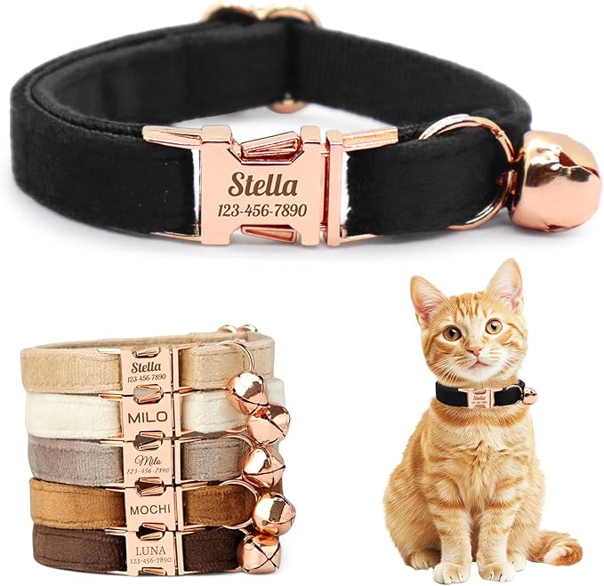 Personalized Non-Breakaway Cat Collar with Name, Luxury Soft Velvet Custom Engraved Name Collar with Bell for Kittens & Cats (Black, L (7.5-12.5 inches))