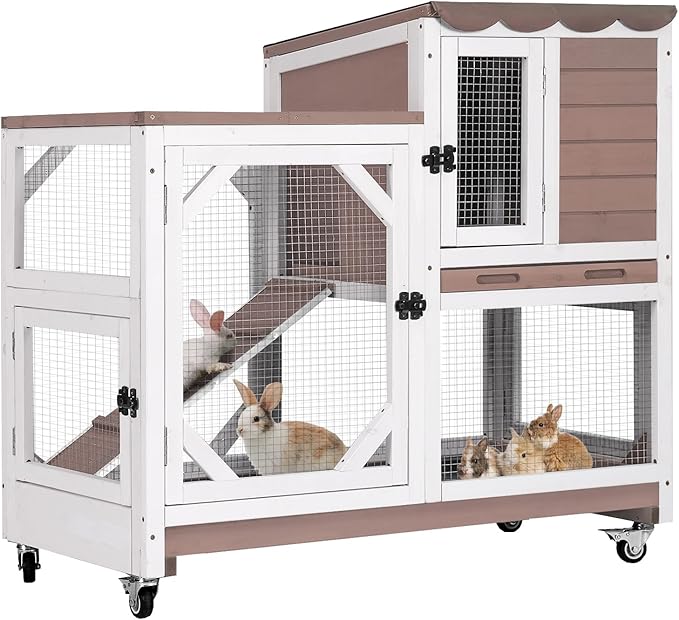 GUTINNEEN Rabbit Hutch Mobile Bunny Cage with Wheels, Chewproof Ramp, Leak Proof Trays – Ideal Cage for Rabbits, Guinea Pigs, and Chickens, Indoor/Outdoor Use,39.4" L x 22" W x 37" H, Brown