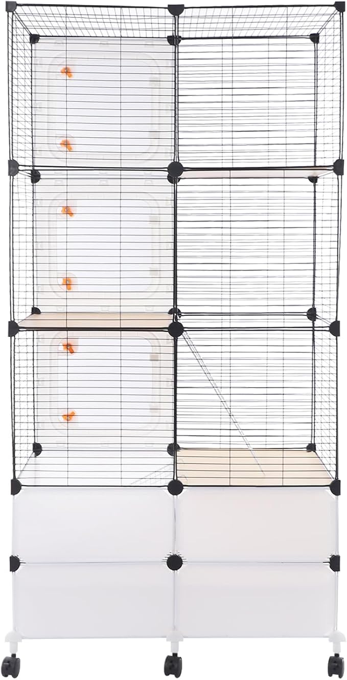 Small Animal Cage, Guinea Pig Cages with Rolling, Durable Front Doors, Chinchilla Cage with Scoop for Rat, Hamster, Guinea Pig, Squirrel (Black, 61in)
