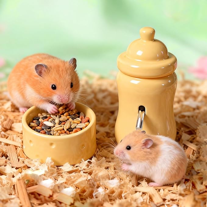 Ceramic Hamster Water Bottle with Stand and Food Bowl Set, Anti Flipping Food Dish and Water Dispenser for Dwarf Hamster Gerbils Syrian Hamster Mice Rats Accessories for Cages (Green)