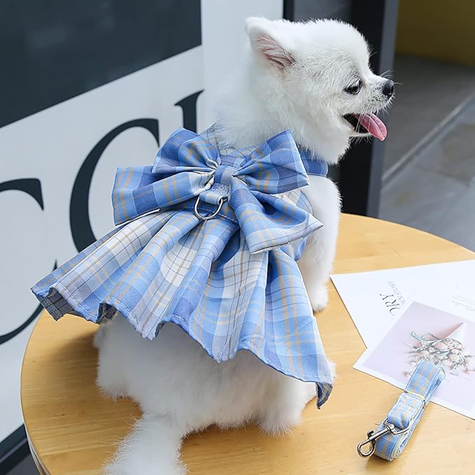 PETCARE Plaid Dog Dress Bow Tie Harness Leash Set for Small Dogs Cats Girl Cute Princess Dog Dresses Spring Summer Puppy Bunny Rabbit Clothes Chihuahua Yorkies Pet Outfits