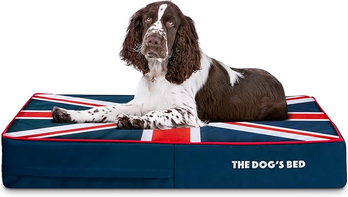 The Dog’s Bed Orthopedic Memory Foam Dog Bed for Large Dogs, Waterproof Washable Cover, Anti-Slip Base, Calming Surface – CertiPUR-Certified Foam, Blue & Red Trim UK Center Flag, 6 Inch Thick