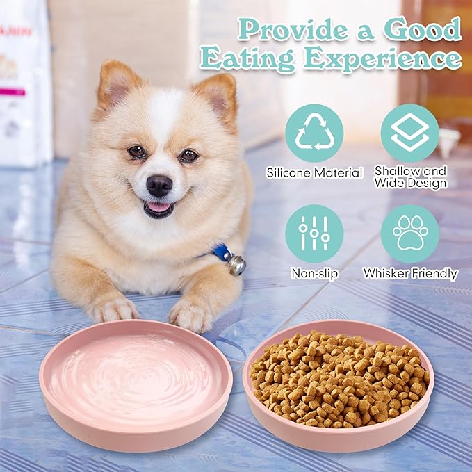 Silicone Dog Bowl Shallow Cat Food Bowls 7" Wide Puppy Plates Whisker Fatigue Pet Feeding Dishes for Dry Food and Wet Food Indoor (Round Pink)