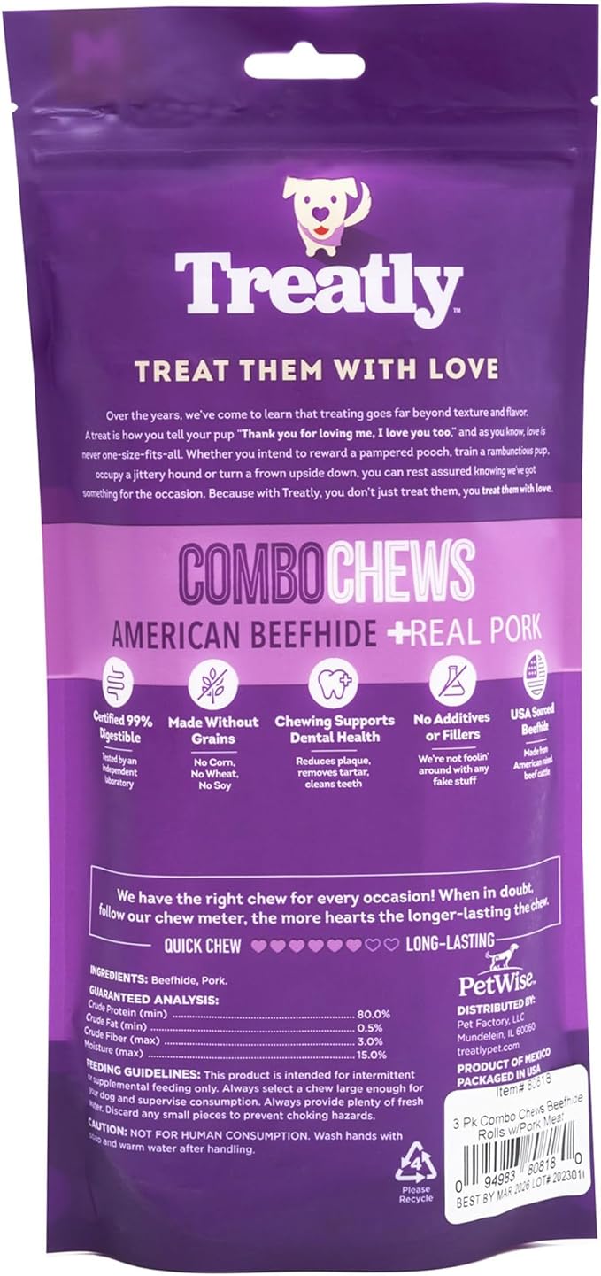 Combo Chews Beefhide Rolls 7" w/Pork Meat Wrap Dog Chew Treats - 3 Count/2 Pack