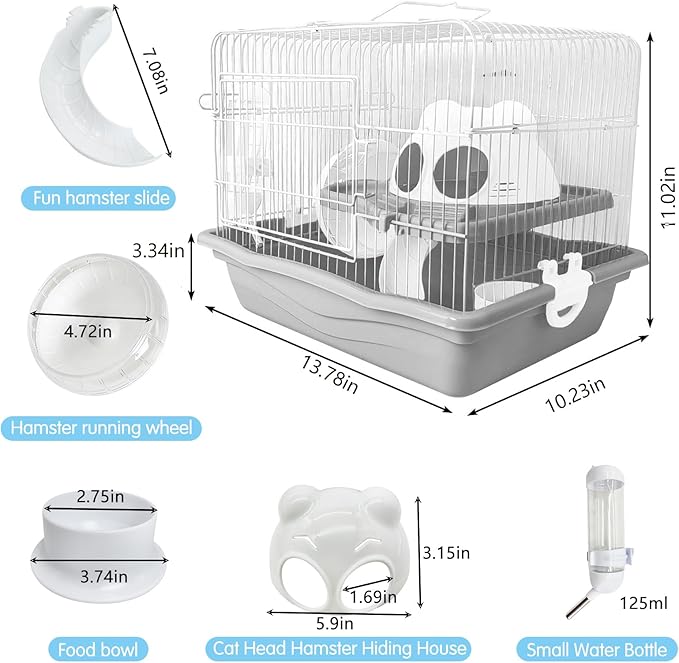 PINVNBY Dwarf Hamster Cage, Small Animal Cages, 2-Tier Travel Portable Mouse Cage Hamster Carrier with Castle House Running Exercise Wheels, Water Bottle and Food Dish（Gray）