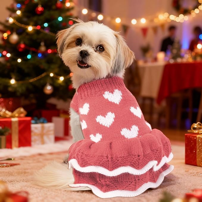 Dog Sweaters Heart Knitted Sweaters Dress Winter Coat Puppy Warm Holiday Clothes for Medium Dogs Cats Christmas New Year Valentine's Day （Medium, Pink）