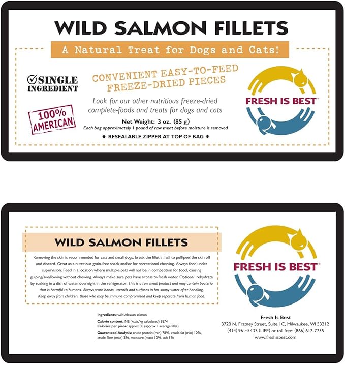 Fresh Is Best Salmon Fillets Freeze Dried Dog Treats – Raw Freeze Dried Fish for Cats & Canines in Resealable Zipper Bag – High-Protein Salmon Dog Treats – Made in The USA