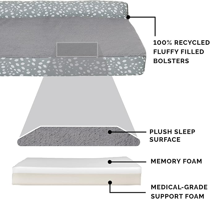 Furhaven Memory Foam Dog Bed for Large Dogs w/ Removable Bolsters & Washable Cover, For Dogs Up to 95 lbs - Plush & Almond Print L Shaped Chaise - Gray Almonds, Jumbo/XL
