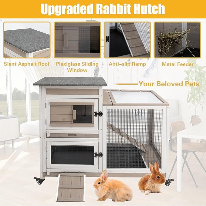 Gowoodhut 40" L Rabbit Hutch Indoor Wooden Bunny Hutch Outdoor 2 Story Rabbit Cage on Metal Wheels with Run and 2 Deeper Pull Out Trays Guinea Pig Pet House for Small Animals