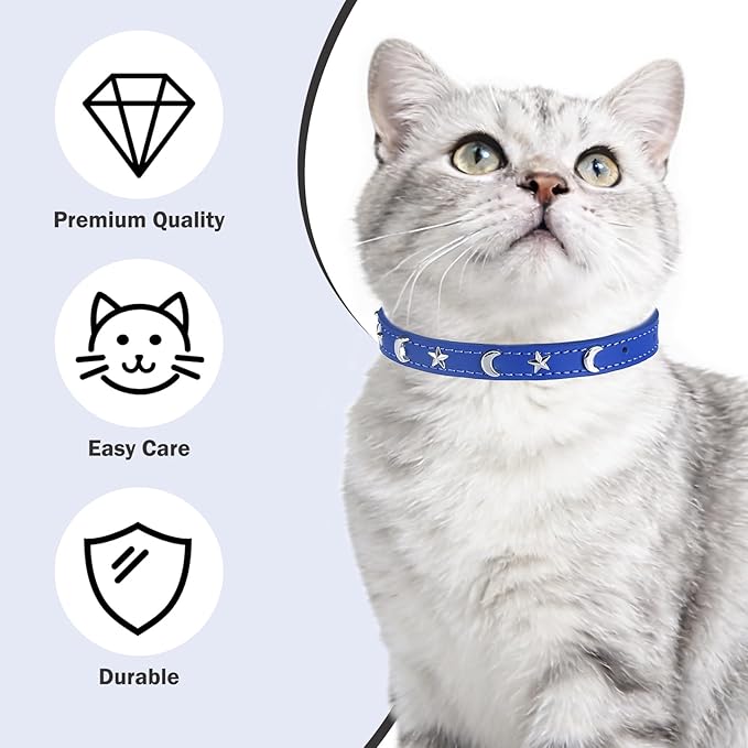 Leather Cat Collars for Boy Girl Cats with Bell and Safety Elastic Belt, Personalized Star and Moon Stud Adjustable Safe Buckle Collar for Kitty Small Big Cats Size 8-12 Inch, Blue