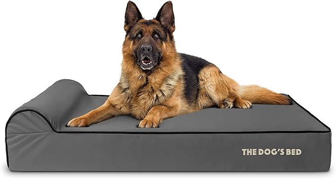 The Dog’s Bed Orthopedic Memory Foam Dog Bed with Headrest, Calming Surface – CertiPUR-Certified Foam, Oxford Fabric, Grey with Black Trim, XL, 6-Inch